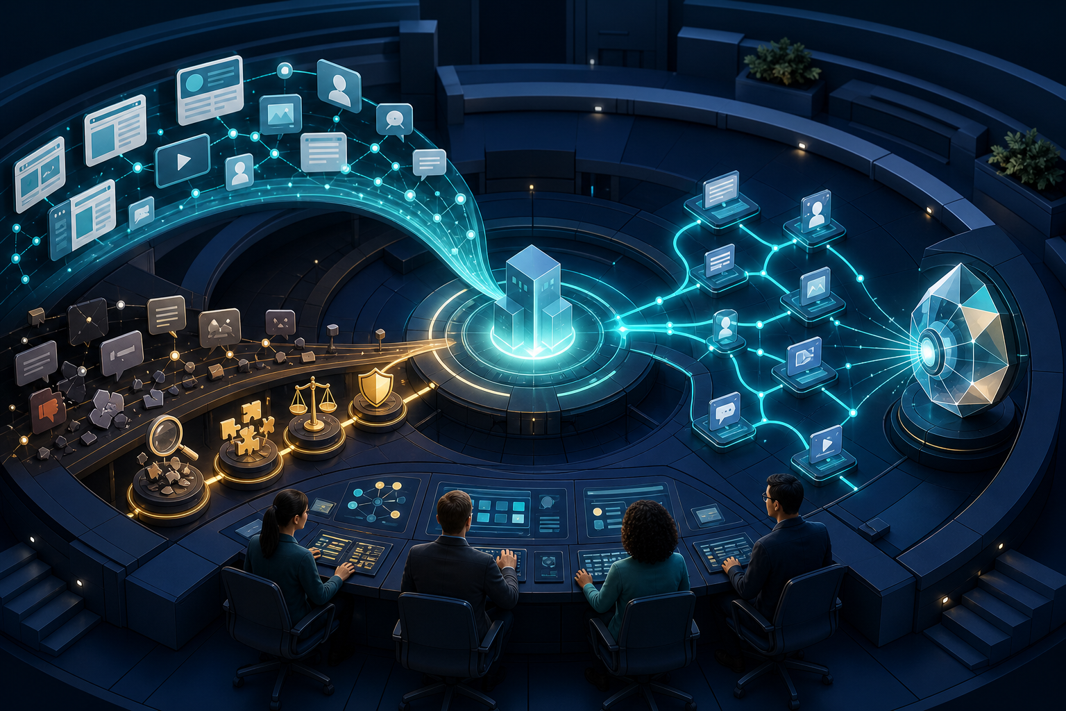 A team in a circular operations room manages web-source signals and repaired evidence streams that merge around a geometric company model and connect to an abstract AI lens.