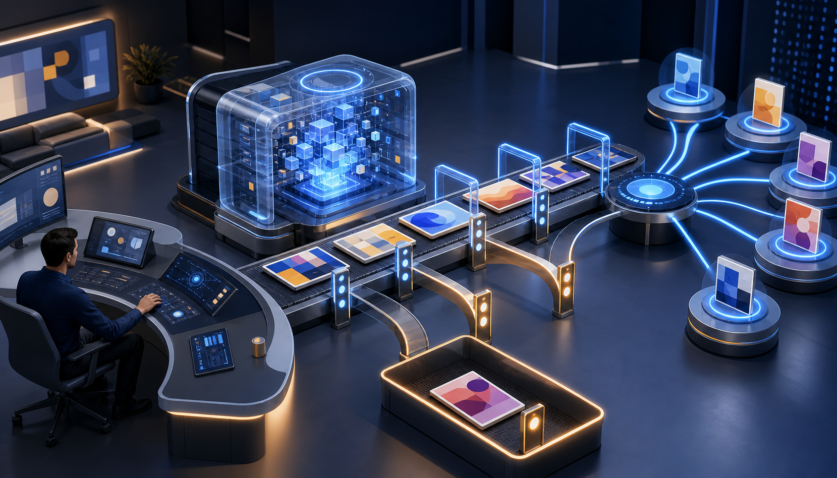 A marketing operator guides AI-generated advertising tiles through guardrails and review checkpoints before they reach a network of campaigns.