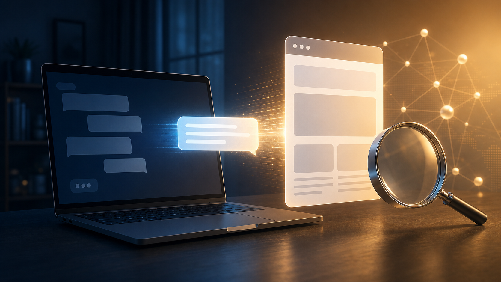 A laptop with a generic chat interface beside a conversation page moving into an illuminated public network under a magnifying lens.