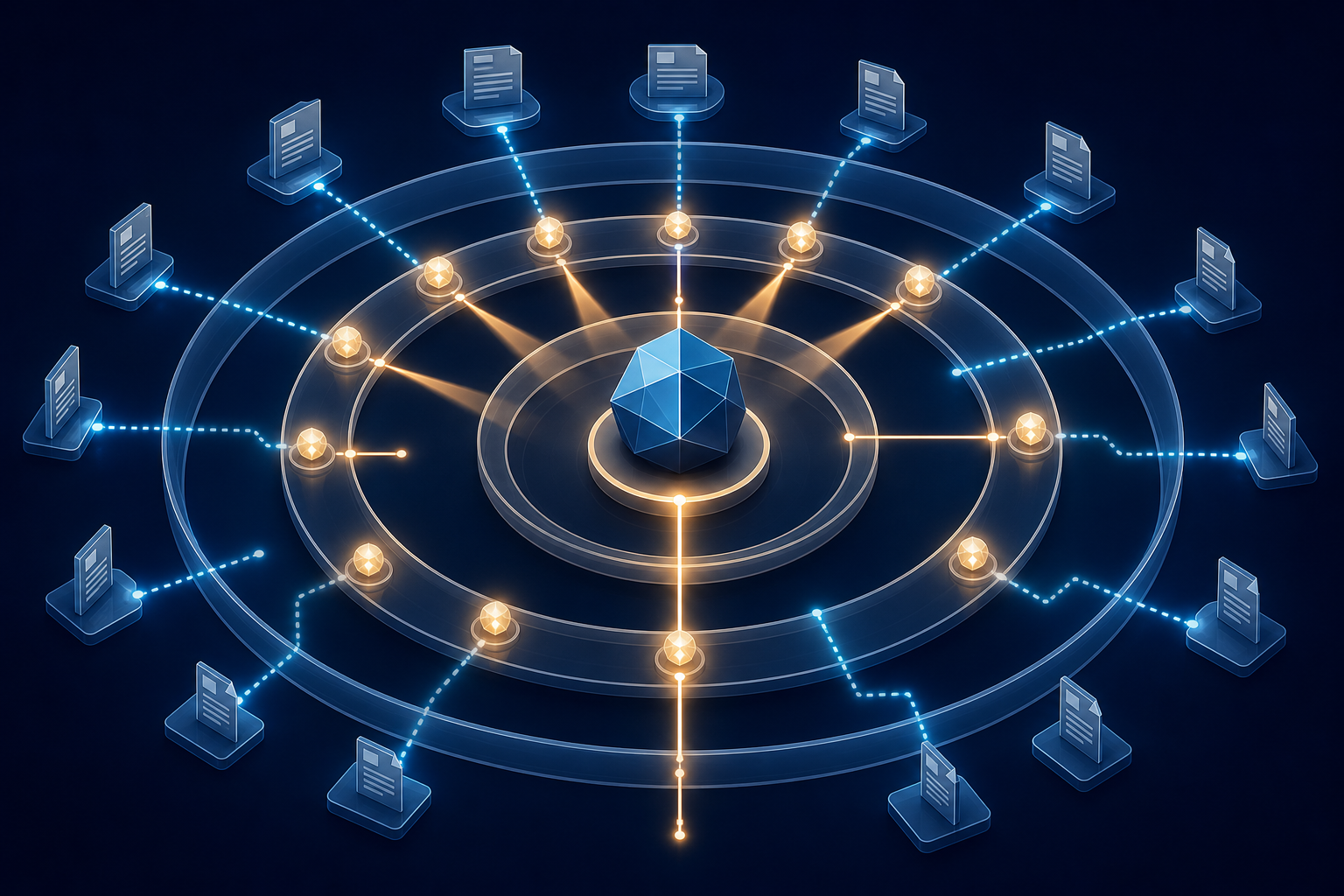 Three translucent rings surround a central object as document tiles, evidence nodes, and spotlights form pathways toward it.