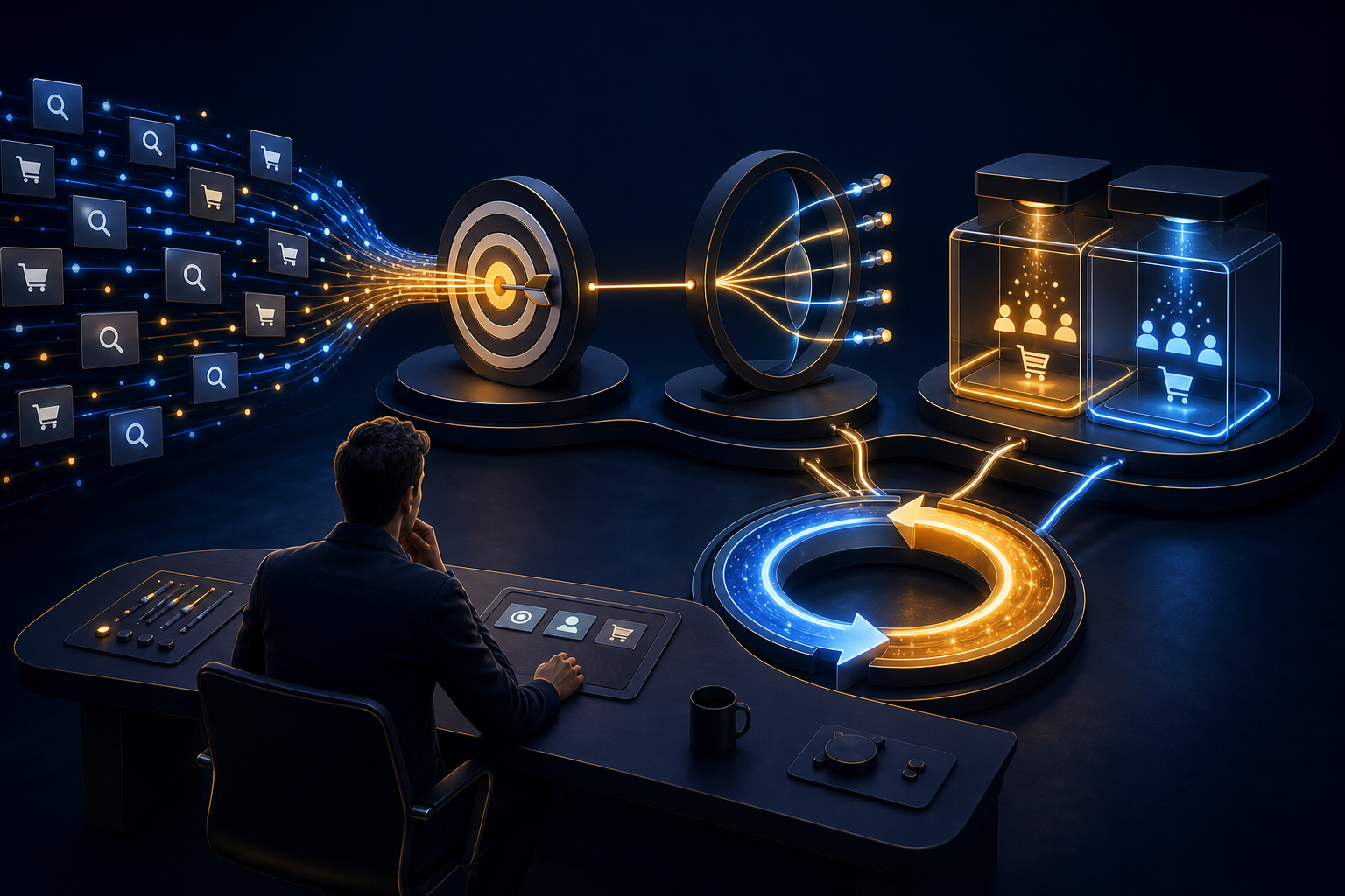 A strategist controls three connected instruments representing bidding, attribution, and incrementality within a circular budget system.