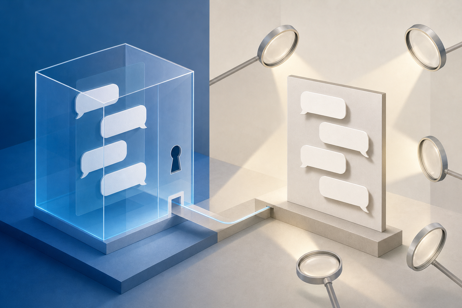 Blank chat bubbles sit inside a secured chamber while a copied conversation page outside is illuminated by magnifying lenses.
