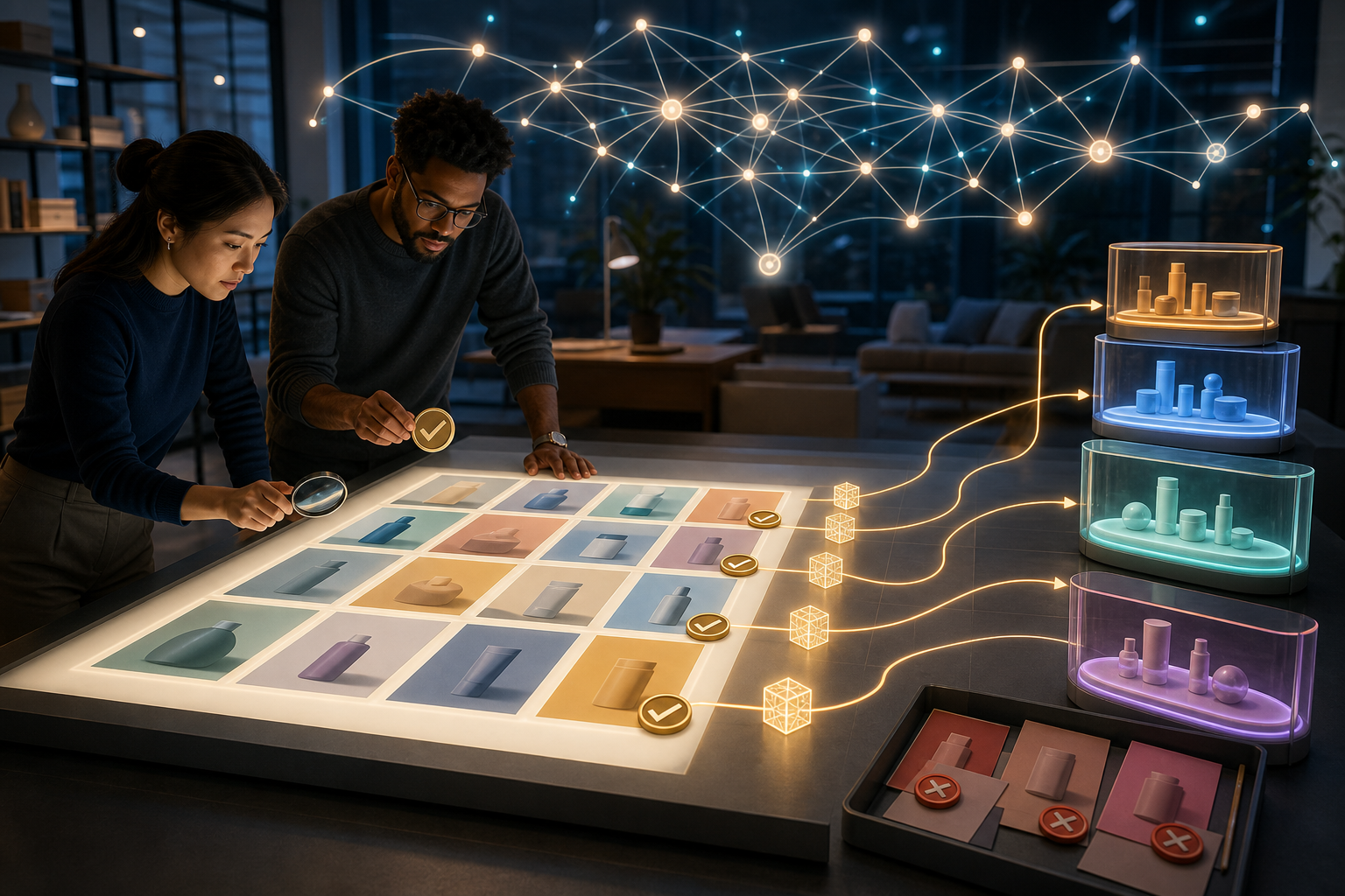 Two marketers review blank creative cards at a light table as approved assets are linked to provenance markers and campaign containers.