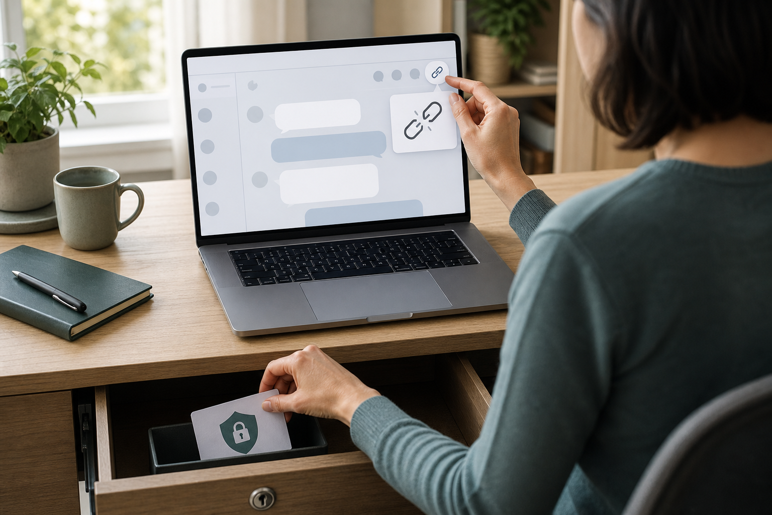 A person reviews a generic shared chat page while closing a link icon and placing a message card in a locked drawer.