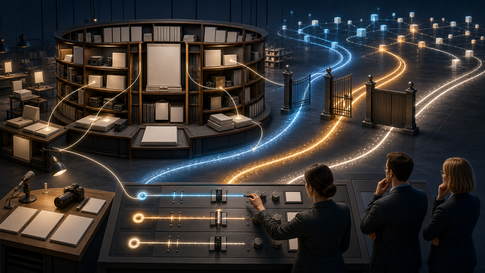Editors oversee several gated pathways connecting a newsroom archive to an abstract network, with some routes open and others restricted.