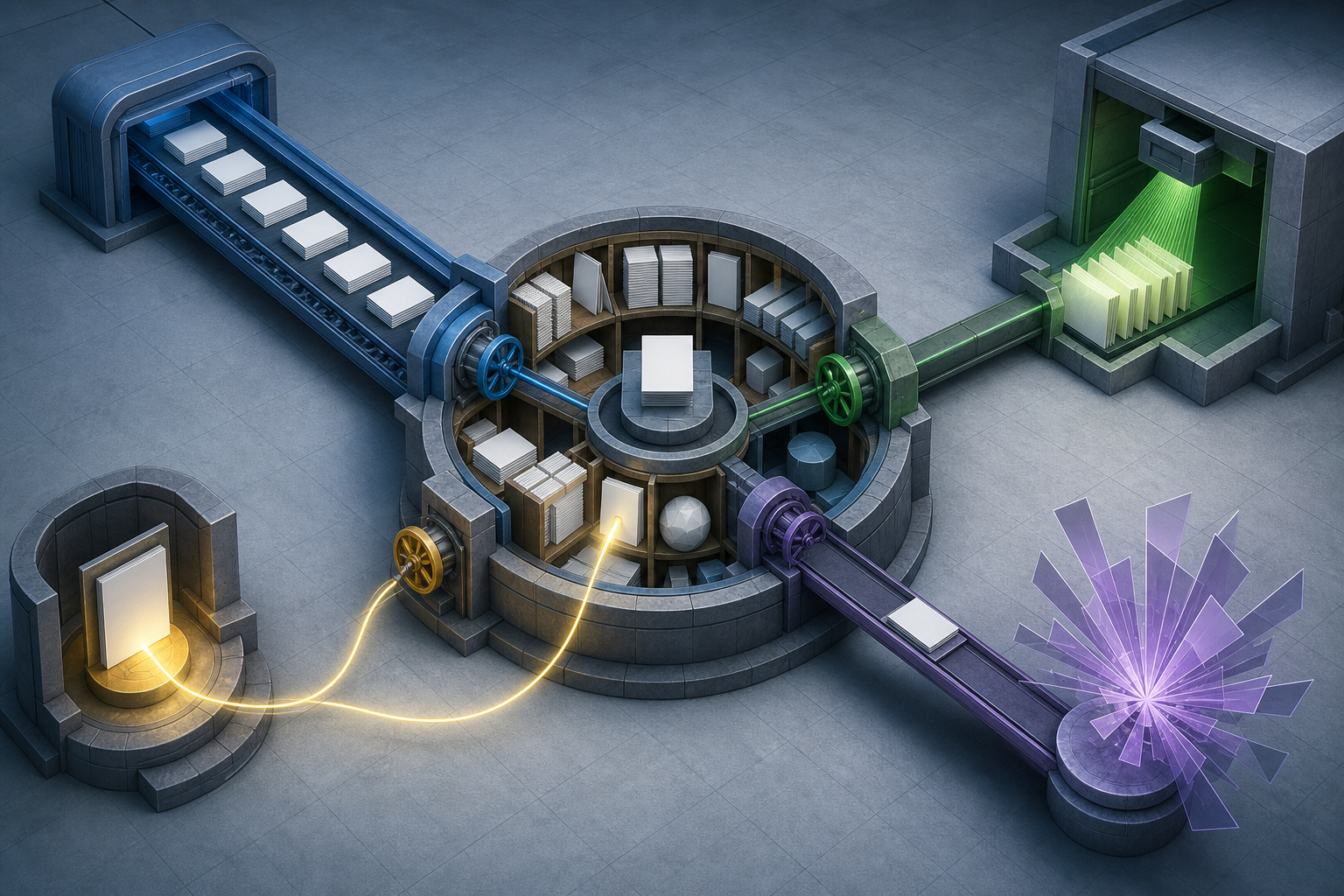 A central digital library connects to four separate gated routes for bulk transfer, scanning, single-document retrieval, and a return link to a source.