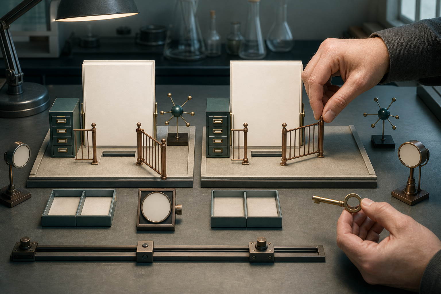 Two matching content setups are observed side by side while an editor changes one removable access gate and leaves the other conditions aligned.