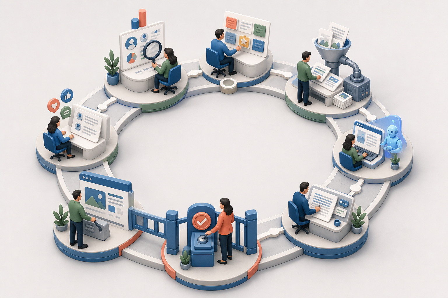An isometric circular workspace shows people guiding content through research, drafting, editing, approval, publication and feedback stages.