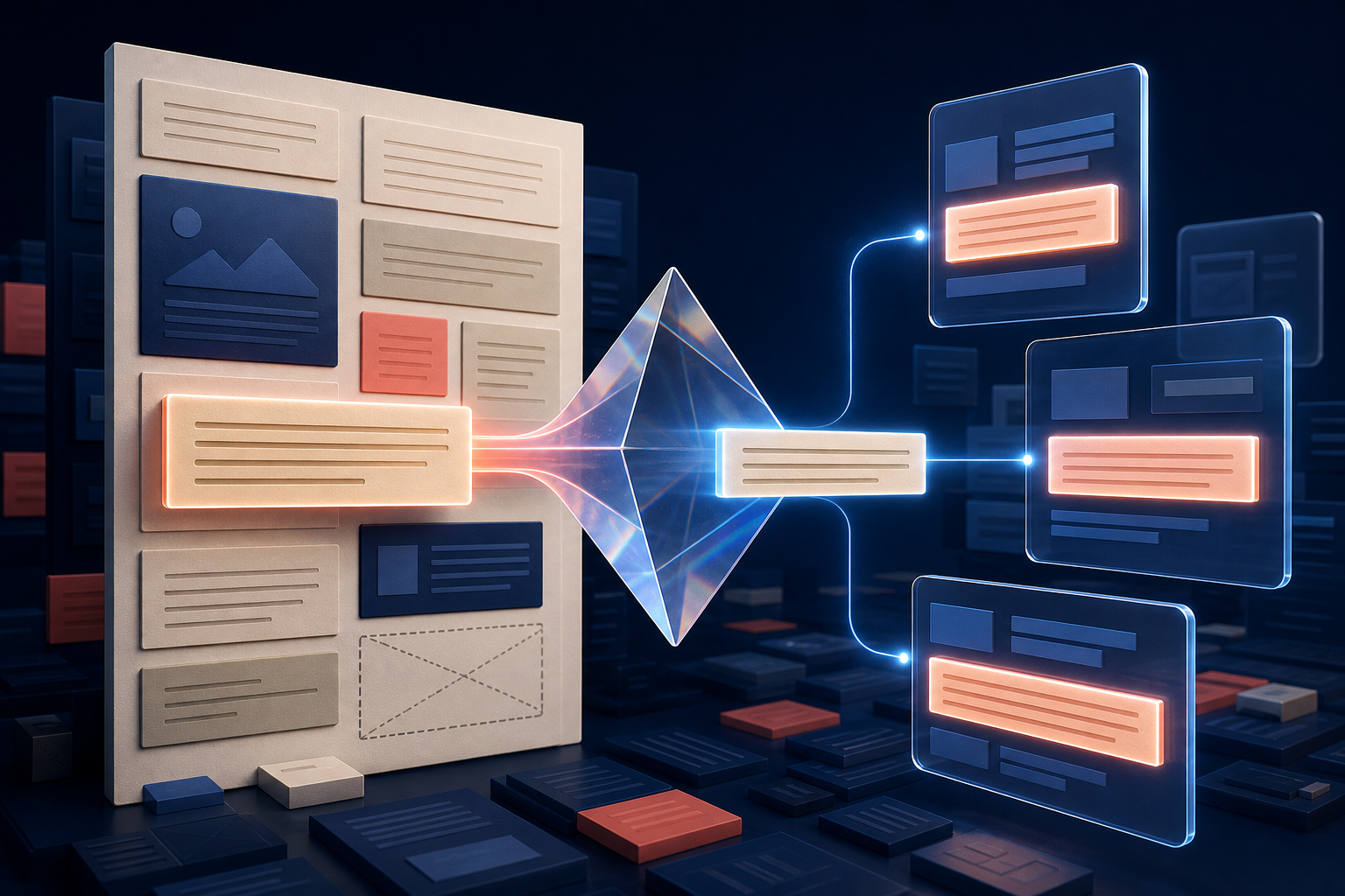 A modular web page with one content block being extracted through a glowing prism and reused in several connected answer panels.