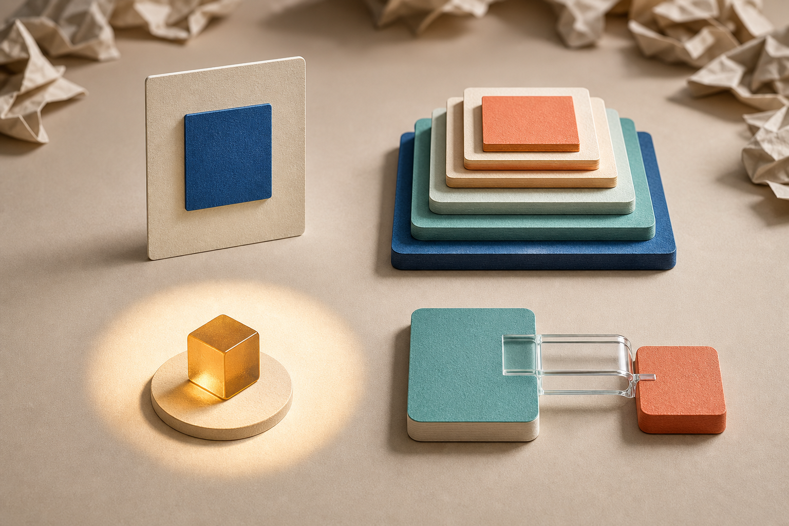 Four organized content modules on a worktable represent completeness, structure, focus, and supporting evidence beside scattered fragments.