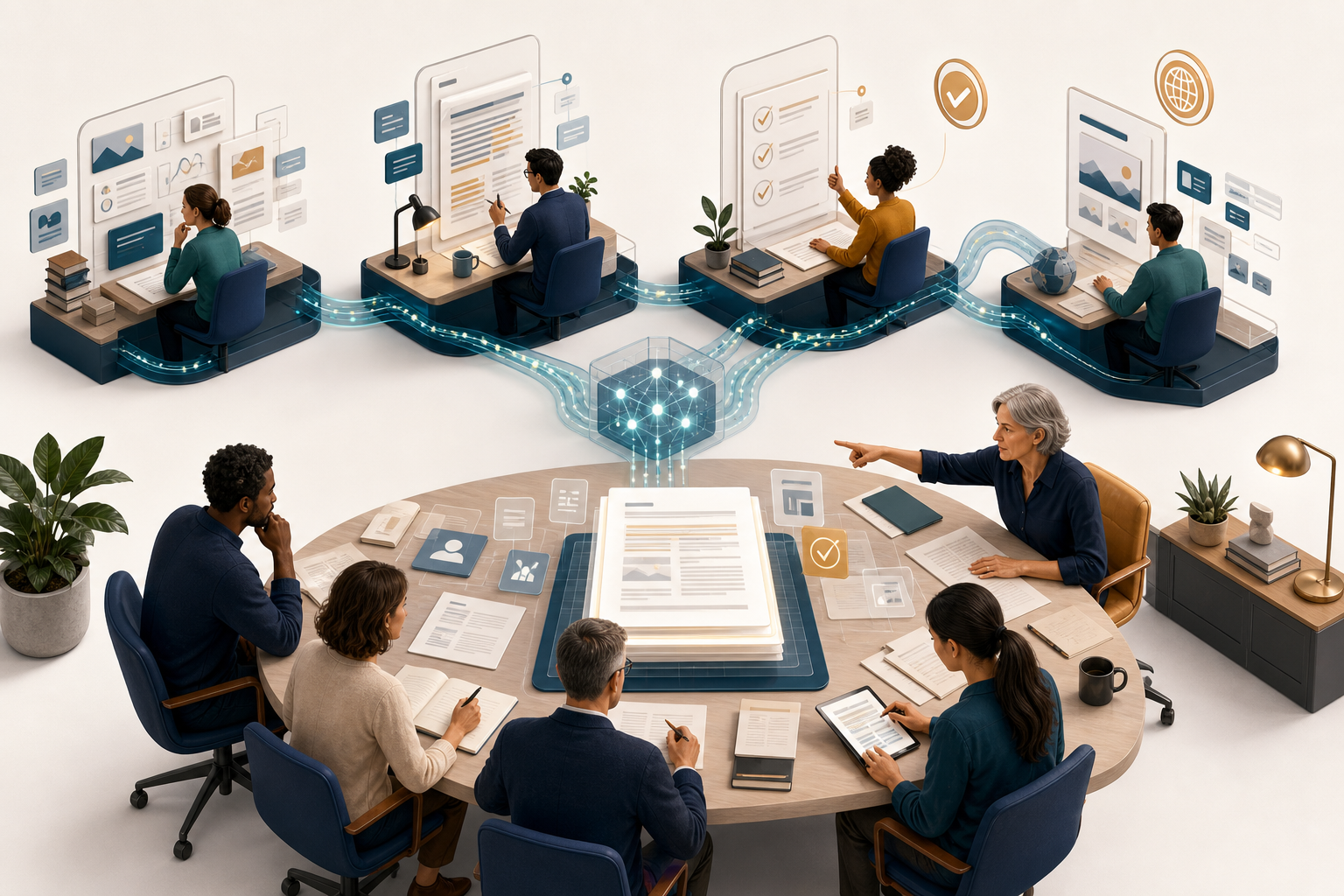 Editors review a structured digital draft as it moves through connected research, approval, and publishing workstations.