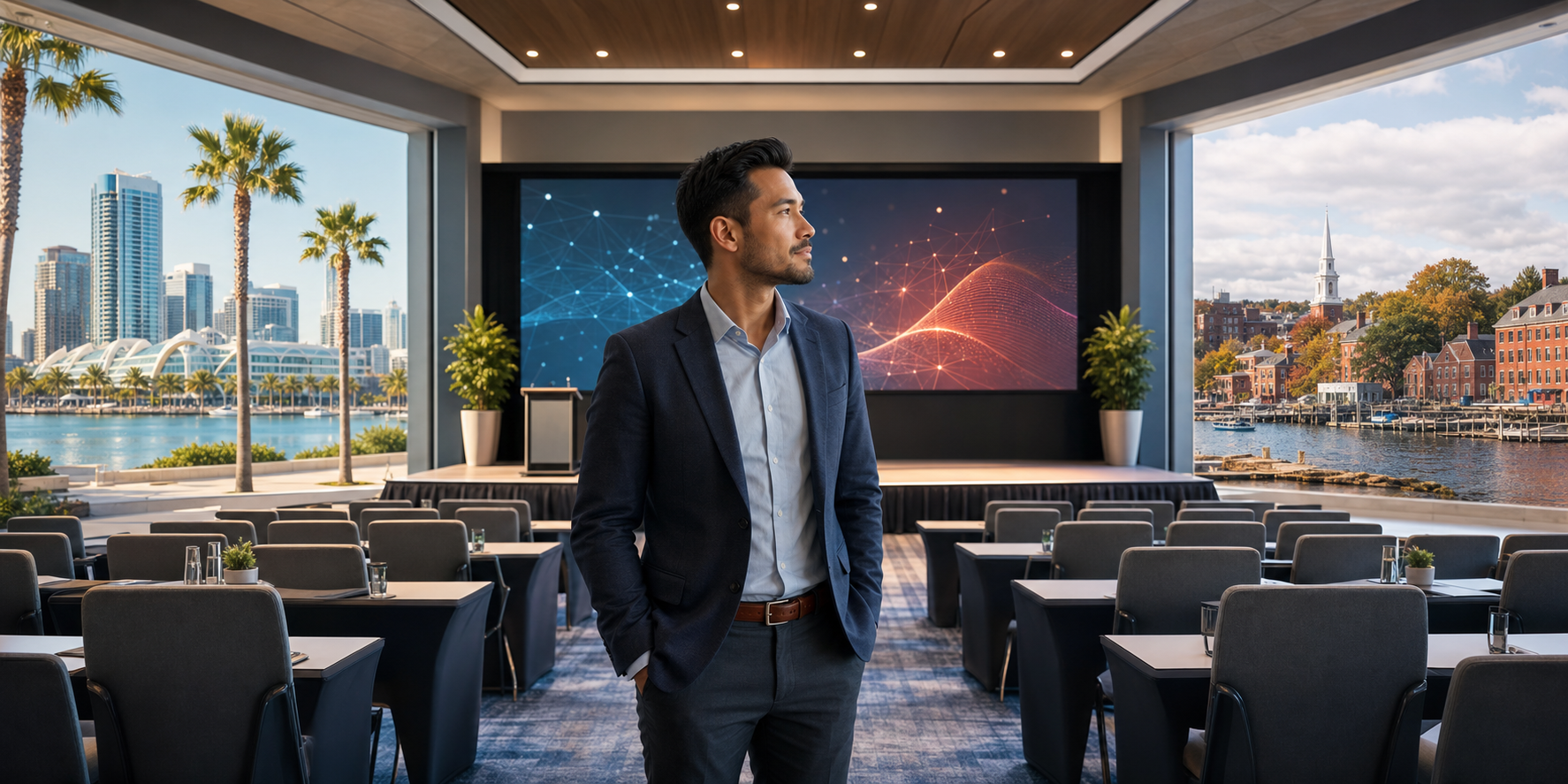 A conference attendee in a modern convention center looks toward a sunny palm-lined waterfront on one side and a historic brick harbor on the other.