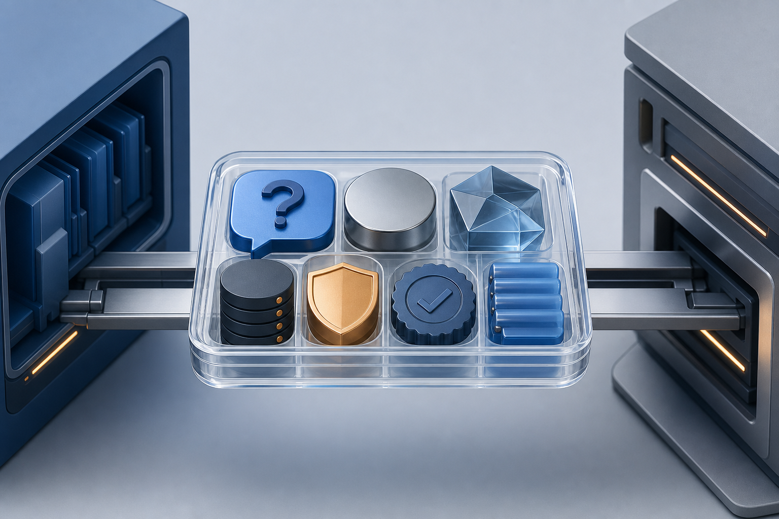 A transparent standardized container holds organized content components as it passes between editorial and publishing workspaces.