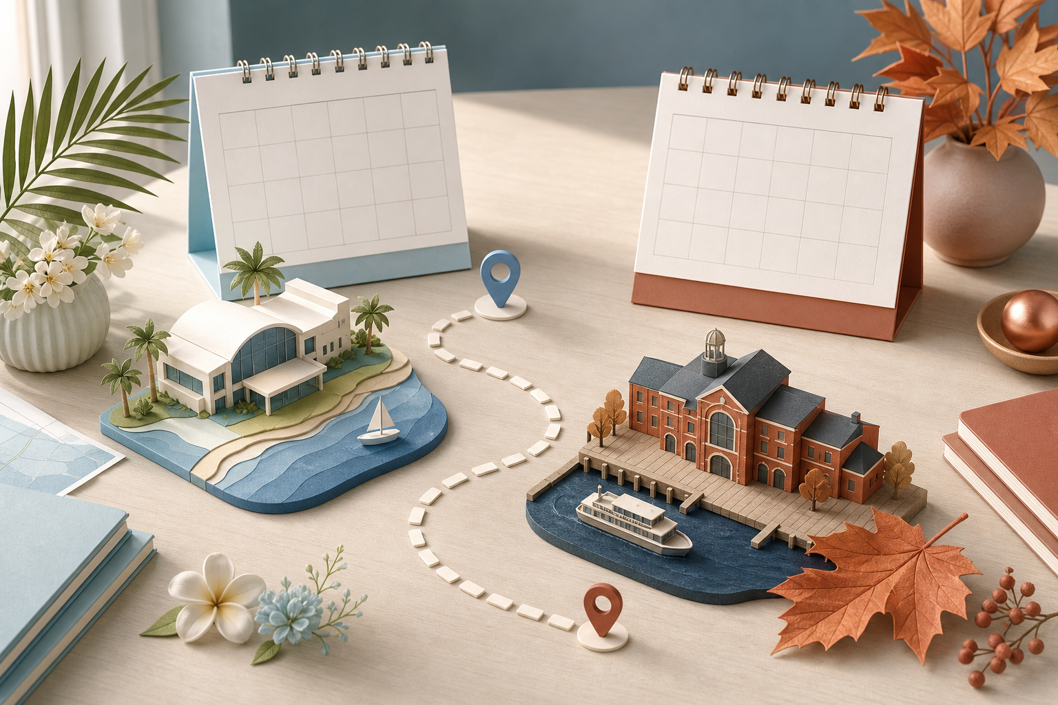 Two unlabeled calendar pages on a desk are paired with miniature coastal and red-brick harbor convention venues.
