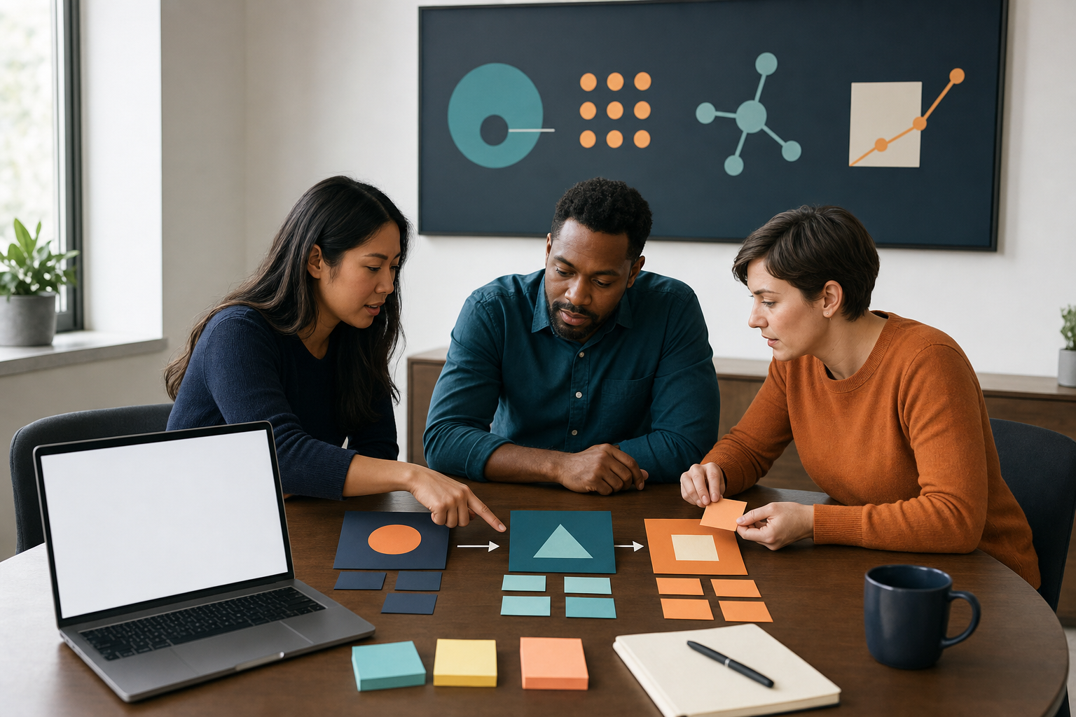 Three marketing professionals organize blank planning cards and notes around a laptop during a conference preparation meeting.