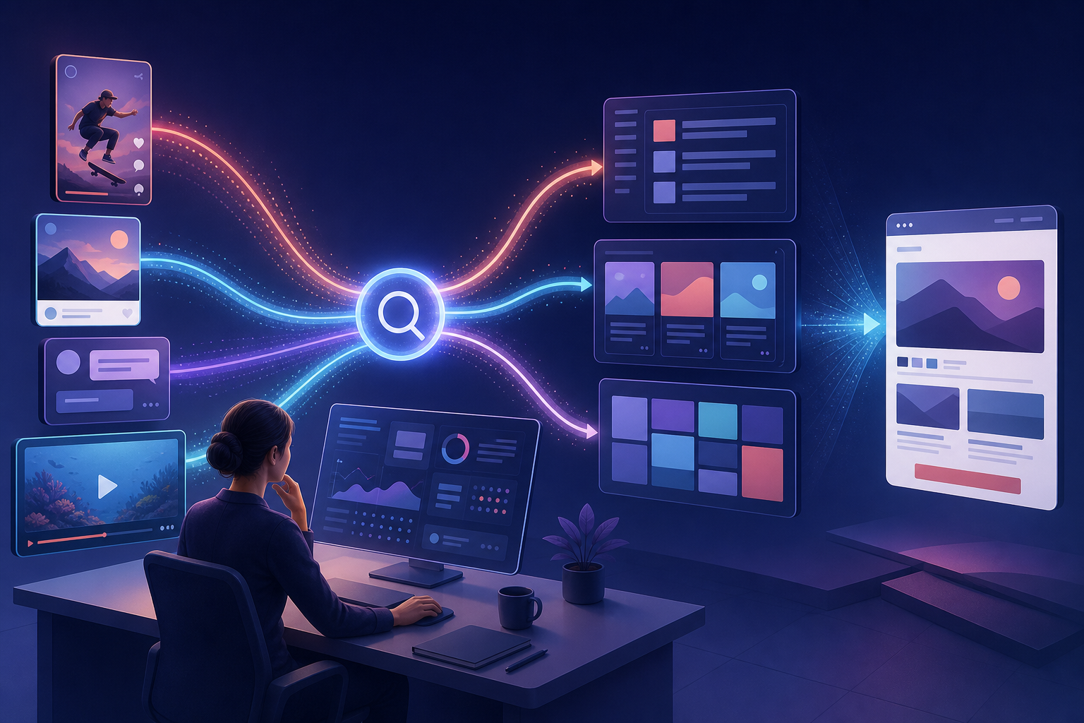 A content strategist examines an abstract analytics display connecting social media formats with search results, discovery cards, news tiles, and an owned website.