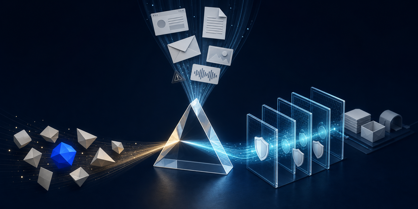 A stream of webpage, document, email, image, and audio symbols passes through a central prism toward a visible blue object and a protected digital workflow.