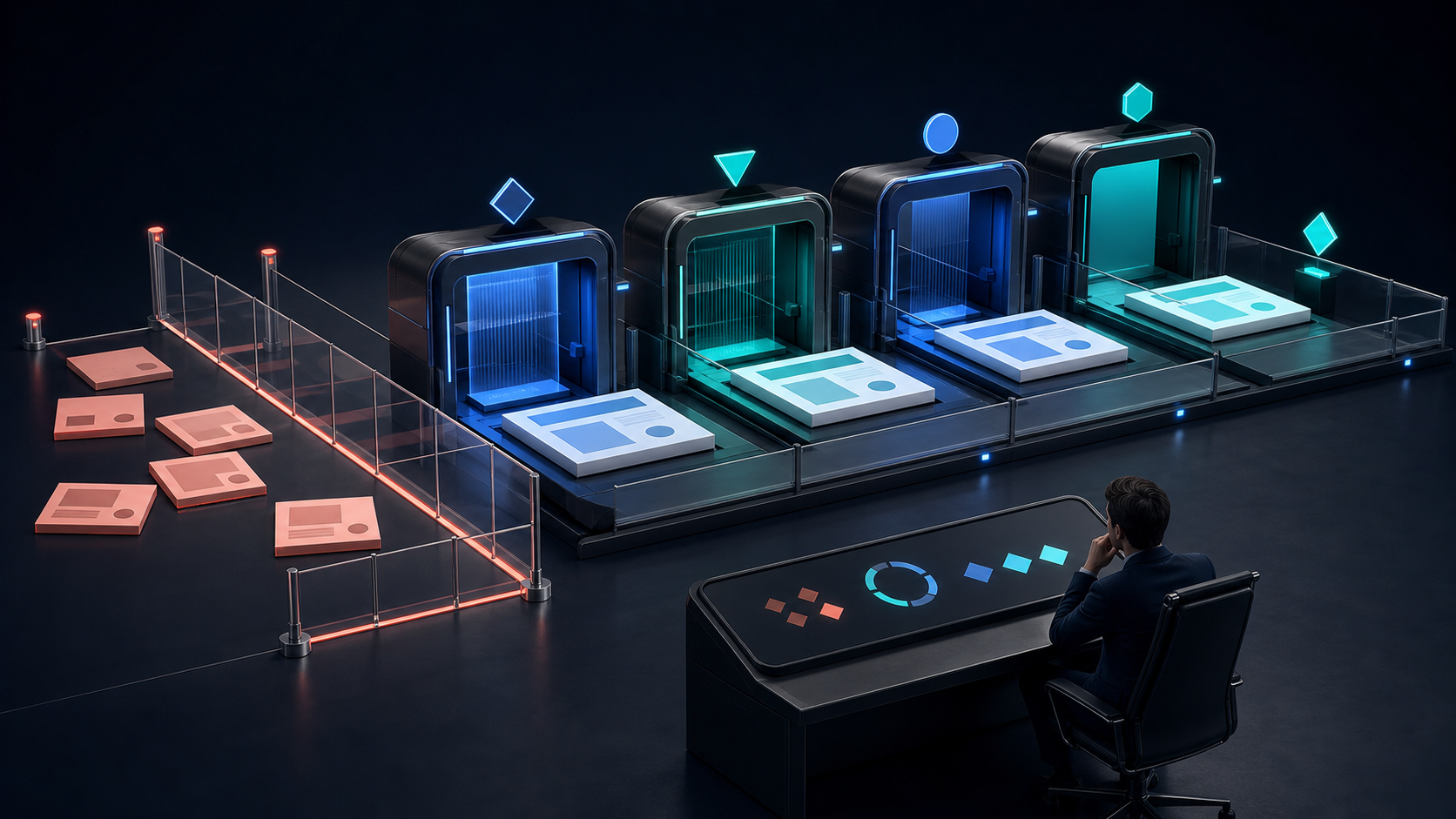 An orderly production line moves abstract web-page tiles through several controlled workstations while extra requests wait outside transparent guardrails.