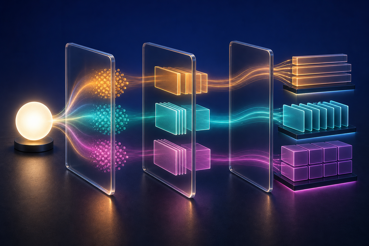 A single glowing content idea passes through three transparent layers that separate subject, media format, and distribution channel.