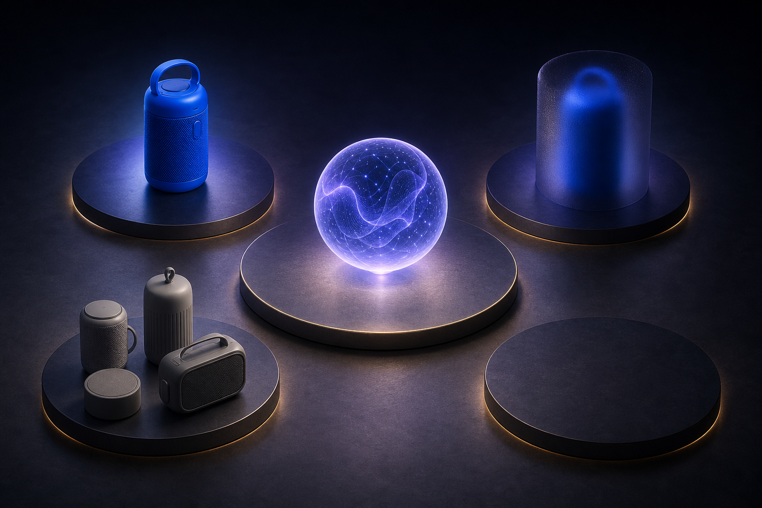 A glowing central sphere is surrounded by four vignettes showing a prominent blue object, an unidentified object, competing objects, and an empty response area.