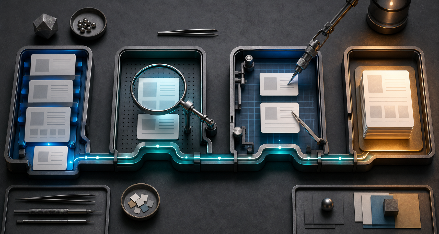 Abstract webpage cards move through connected trays for inspection, adjustment, approval, and completion on a modular worktable.