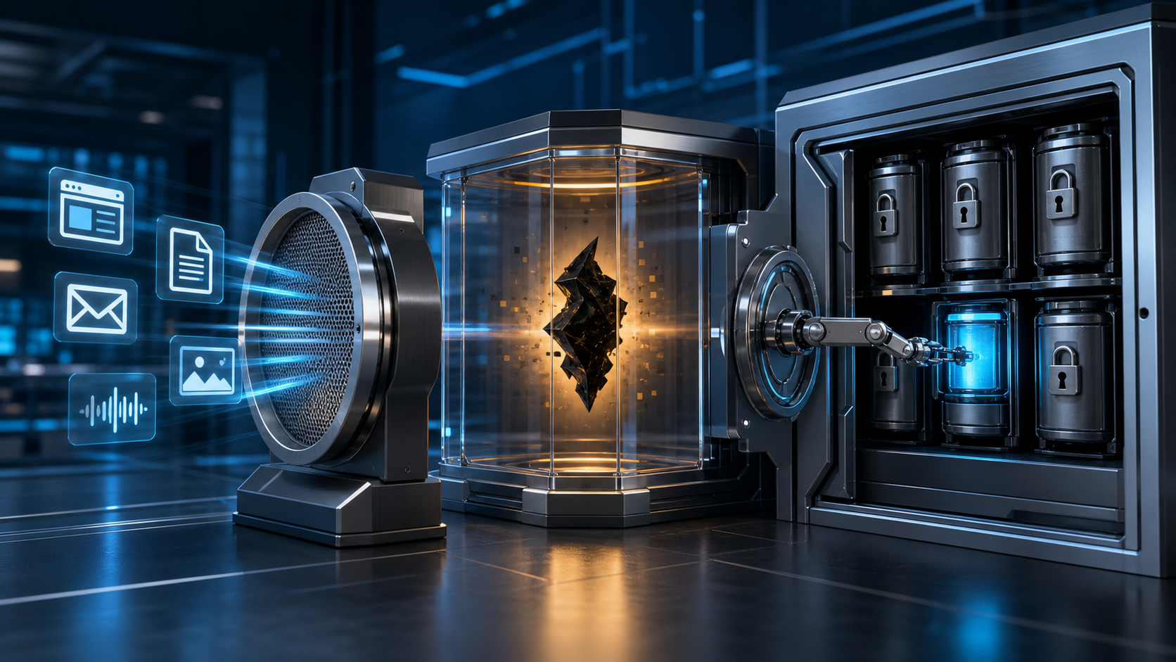 Documents, email, image, and transcript symbols pass through layered filters while a dark fragment is isolated and a tool arm receives limited access to one protected container.