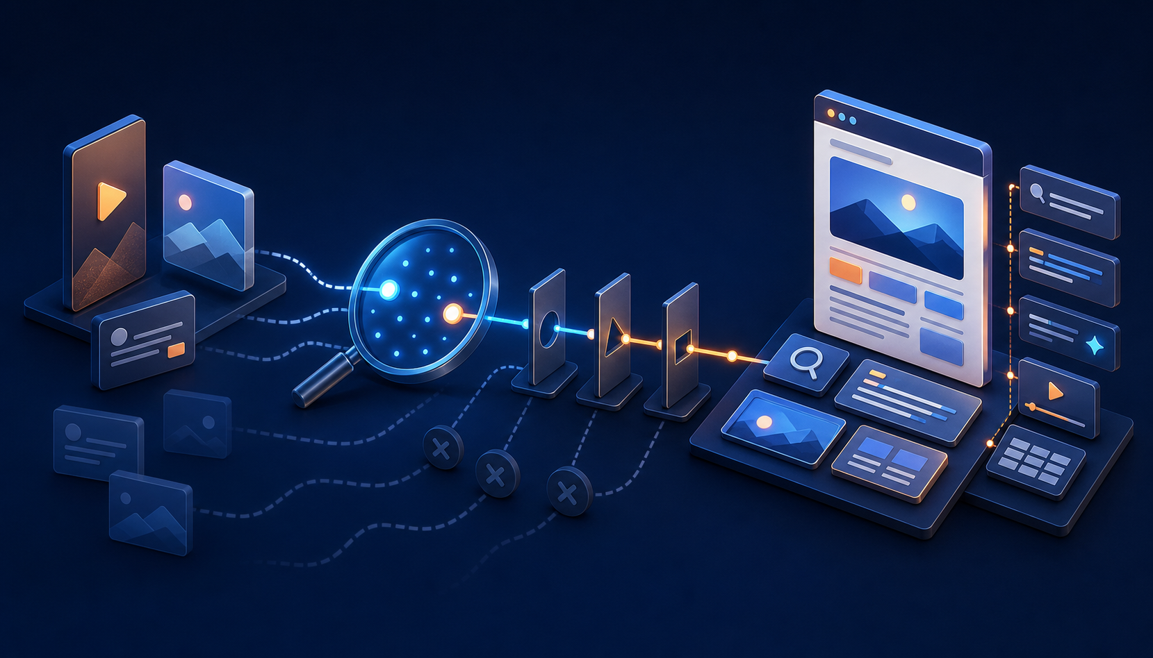 Third-party content tiles pass through a search lens and decision gates before becoming an owned web page with reusable content modules.
