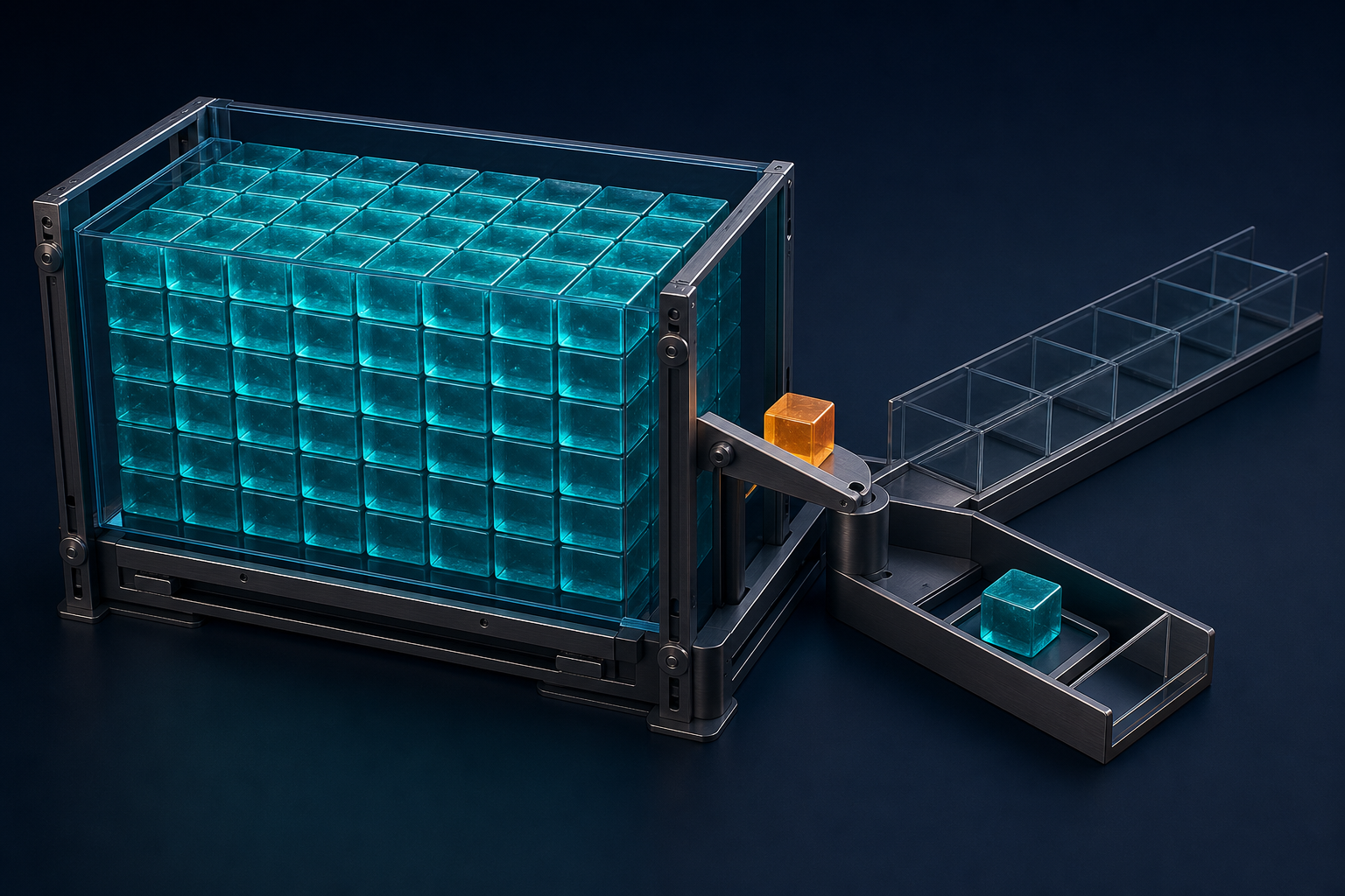 A transparent container filled with work blocks directs one new amber block toward rescheduling, replacement, or an expanded boundary.