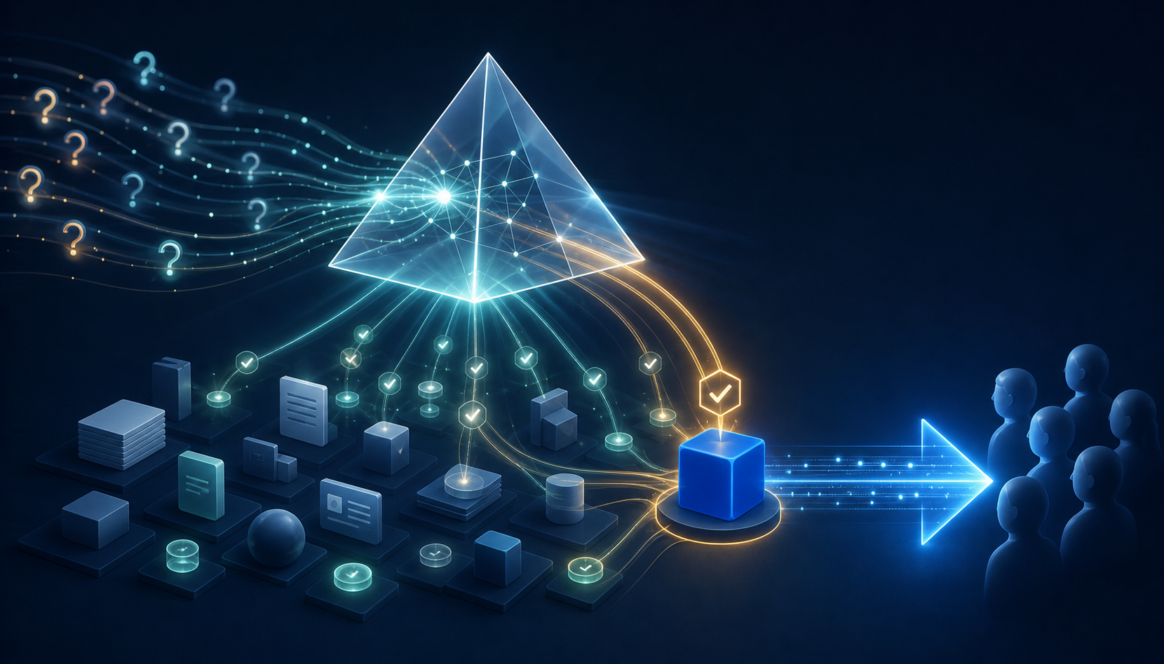 A translucent prism evaluates multiple unbranded information sources and directs converging light paths toward one selected object and an audience.