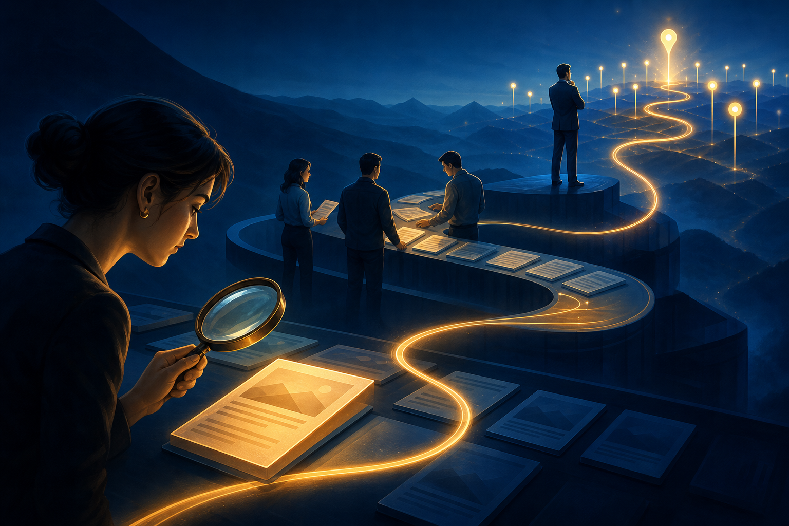 Three connected scenes show an editor assessing an article, a team monitoring a content workflow and a leader observing business outcomes.