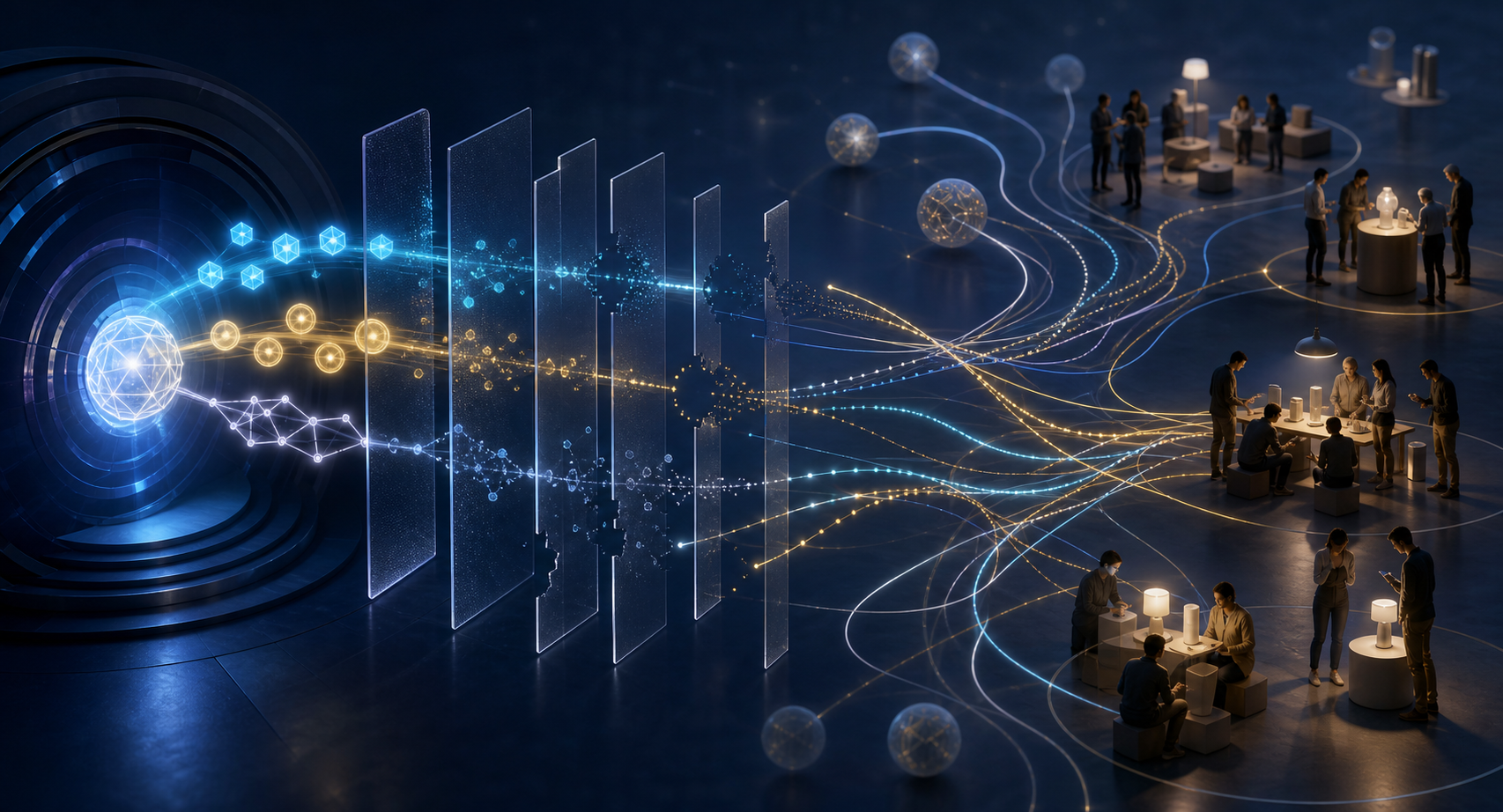 Glowing visibility signals cross a layered bridge, merge with other paths, and reach people comparing unbranded products.