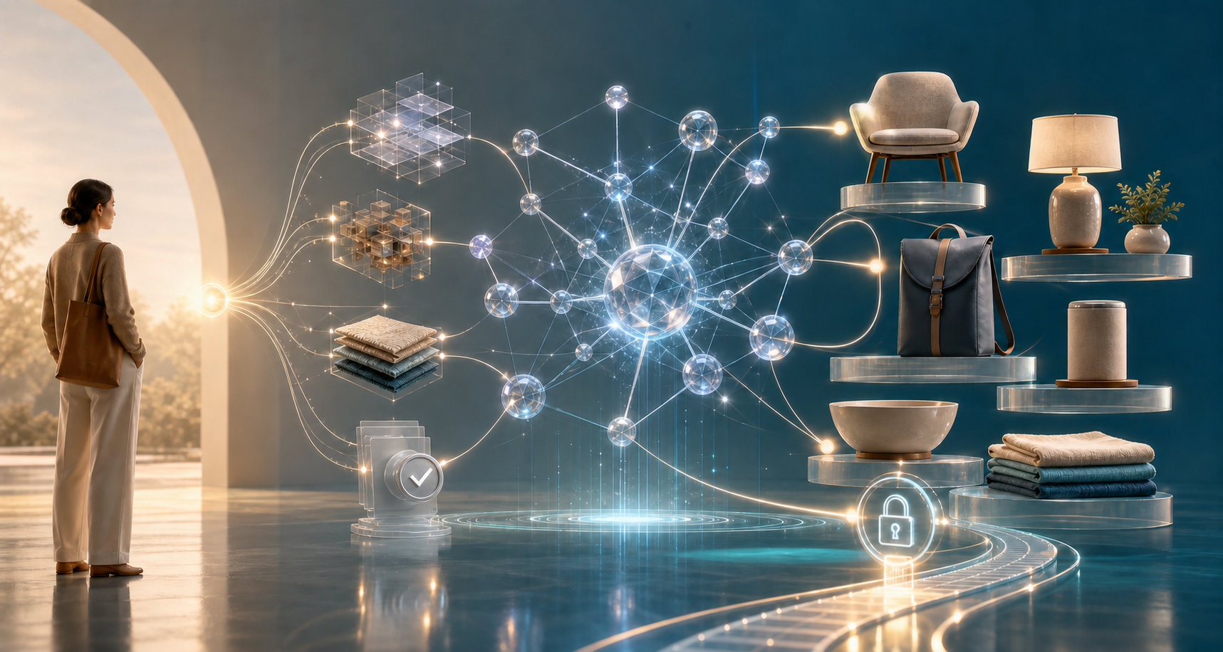 A shopper faces a digital marketplace while a luminous network-like AI agent evaluates generic products and connects them to policy, inventory, and checkout symbols.