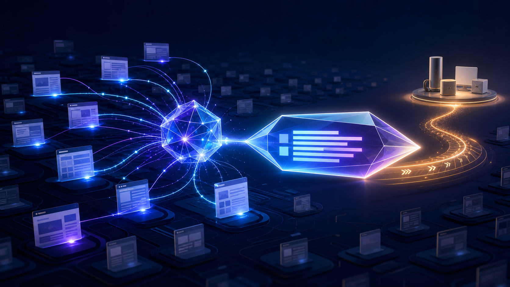 A glowing intelligence core combines connected web-page tiles into a central answer prism above a digital landscape.
