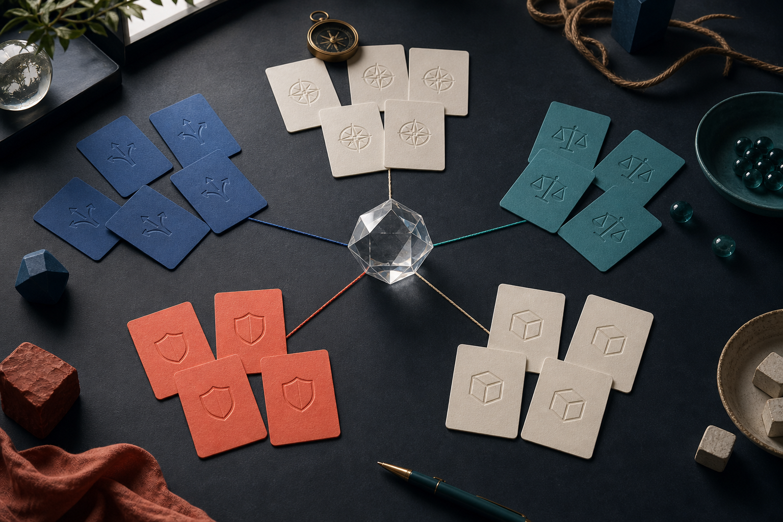 Blank symbol-marked cards are grouped around a faceted decision node and connected by colored threads on a studio table.