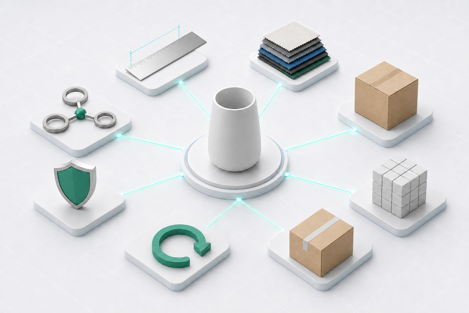 A generic product is surrounded by connected visual modules for dimensions, materials, inventory, shipping, returns, security, and supporting evidence.