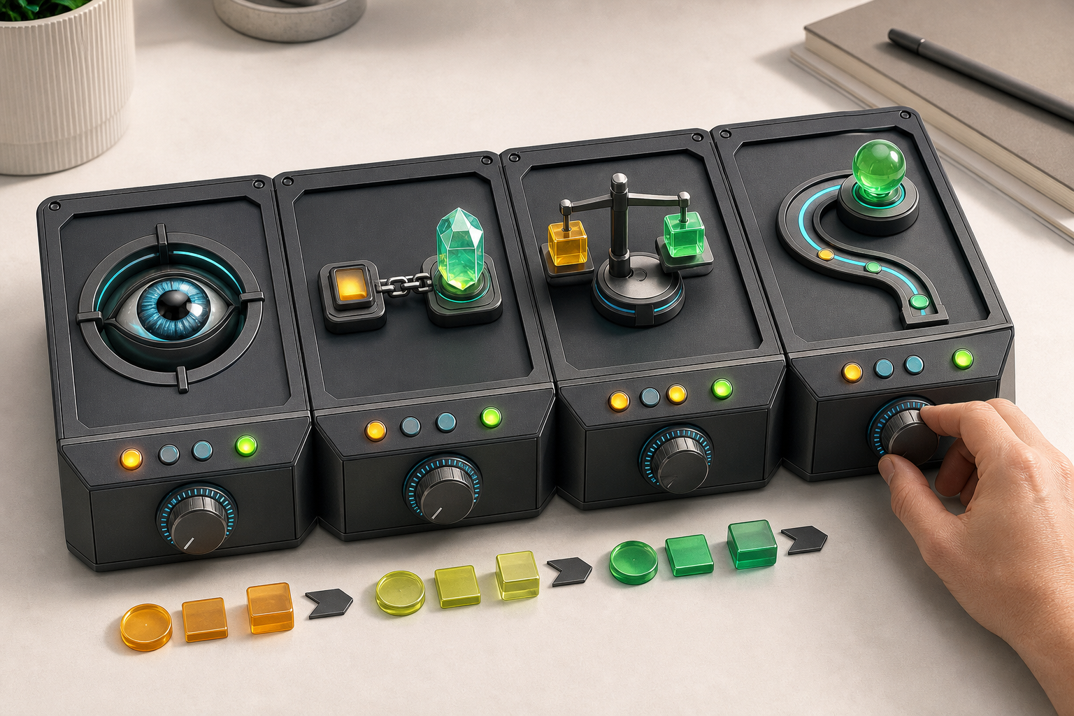 A hand adjusts an unlabeled modular control console with lenses, evidence links, indicator lights, and decision-path components.