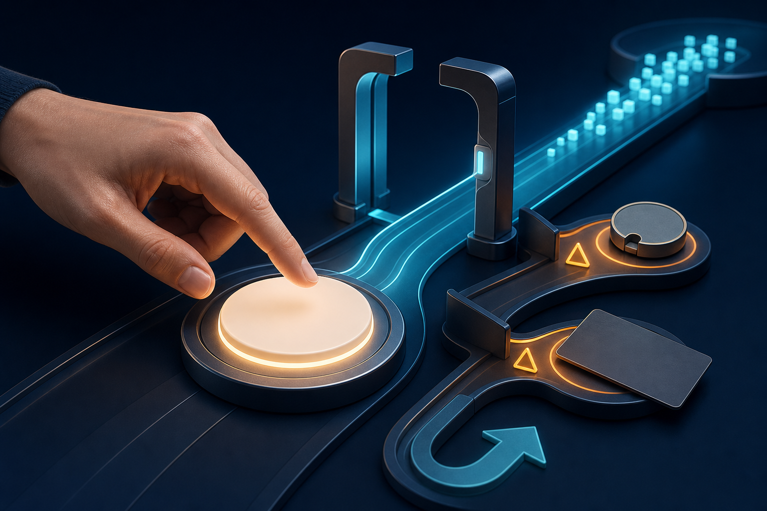 A human hand confirms an AI-assisted checkout at a secure gate while inventory and payment errors branch into separate recovery paths.
