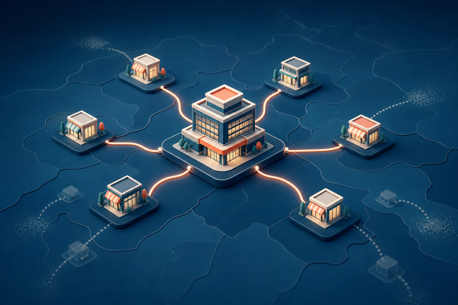 A central building connects through branching paths to an orderly network of local storefronts on a simplified map.