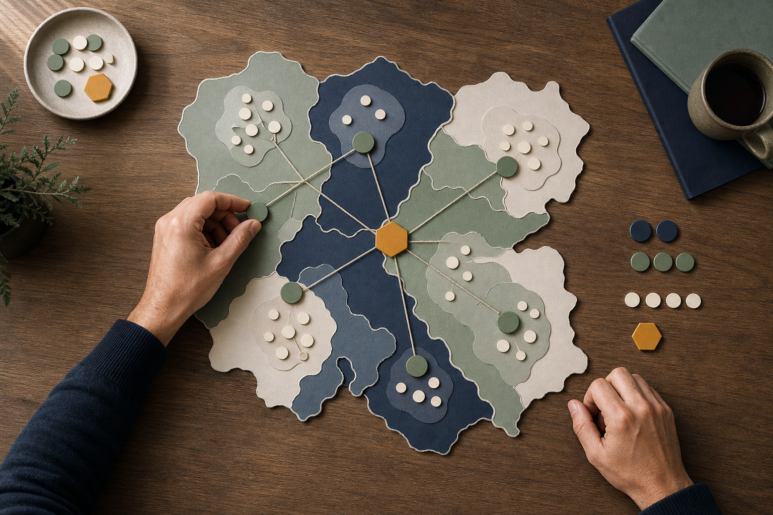 Hands arrange branch, service-area and customer markers on an unlabeled layered regional map.