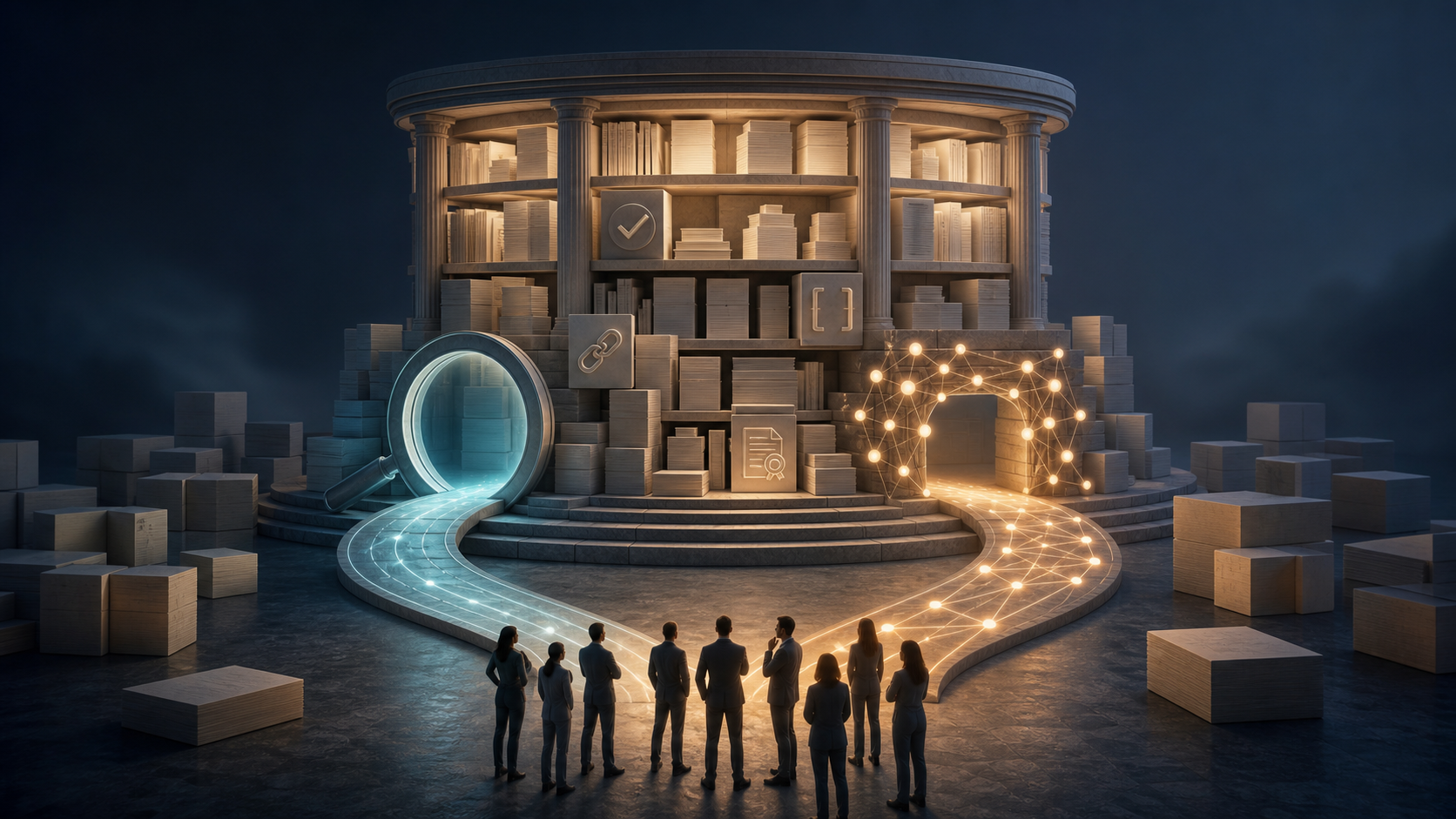 A central library of organized information blocks connects to a magnifying-glass portal and a glowing node network, with both paths leading toward a group of people.