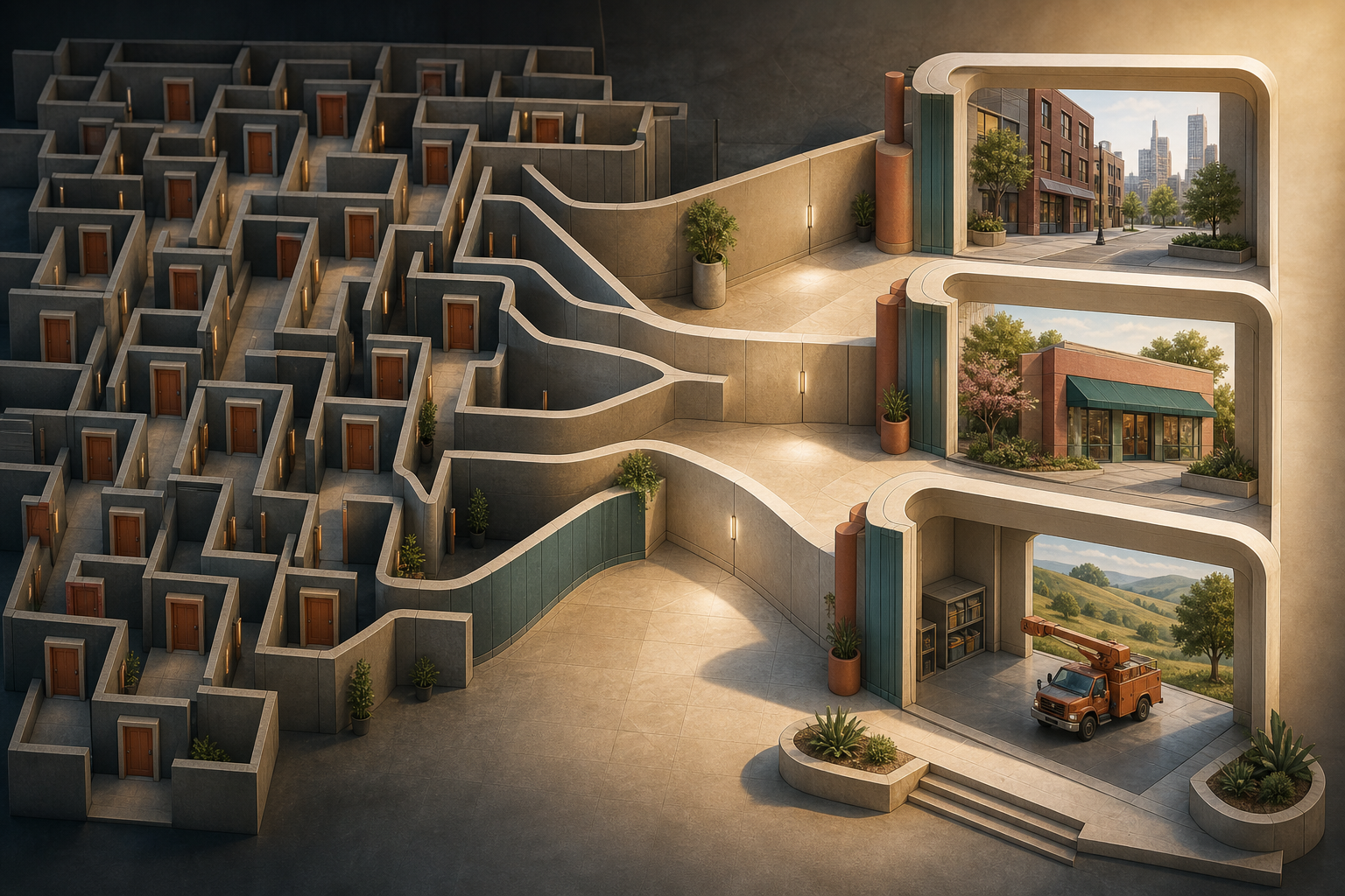 A maze of similar doorways merges into a central hall leading to a few distinct local spaces.