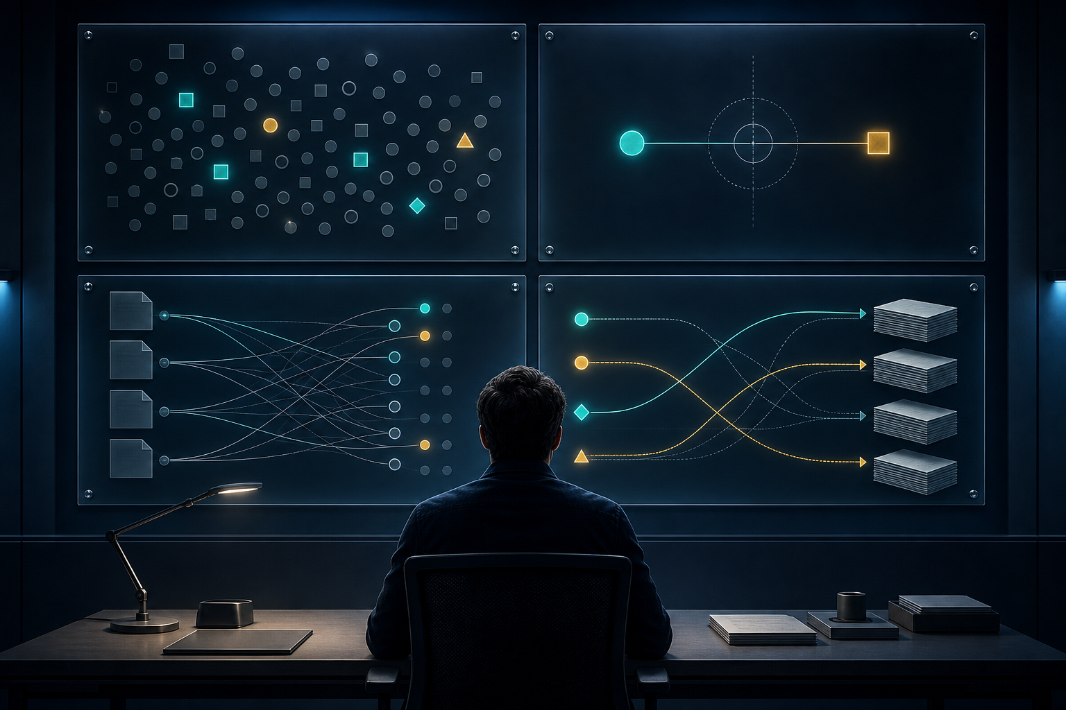 An analyst studies four unlabeled visual panels showing markers, evidence tokens, source documents, and connected pathways.