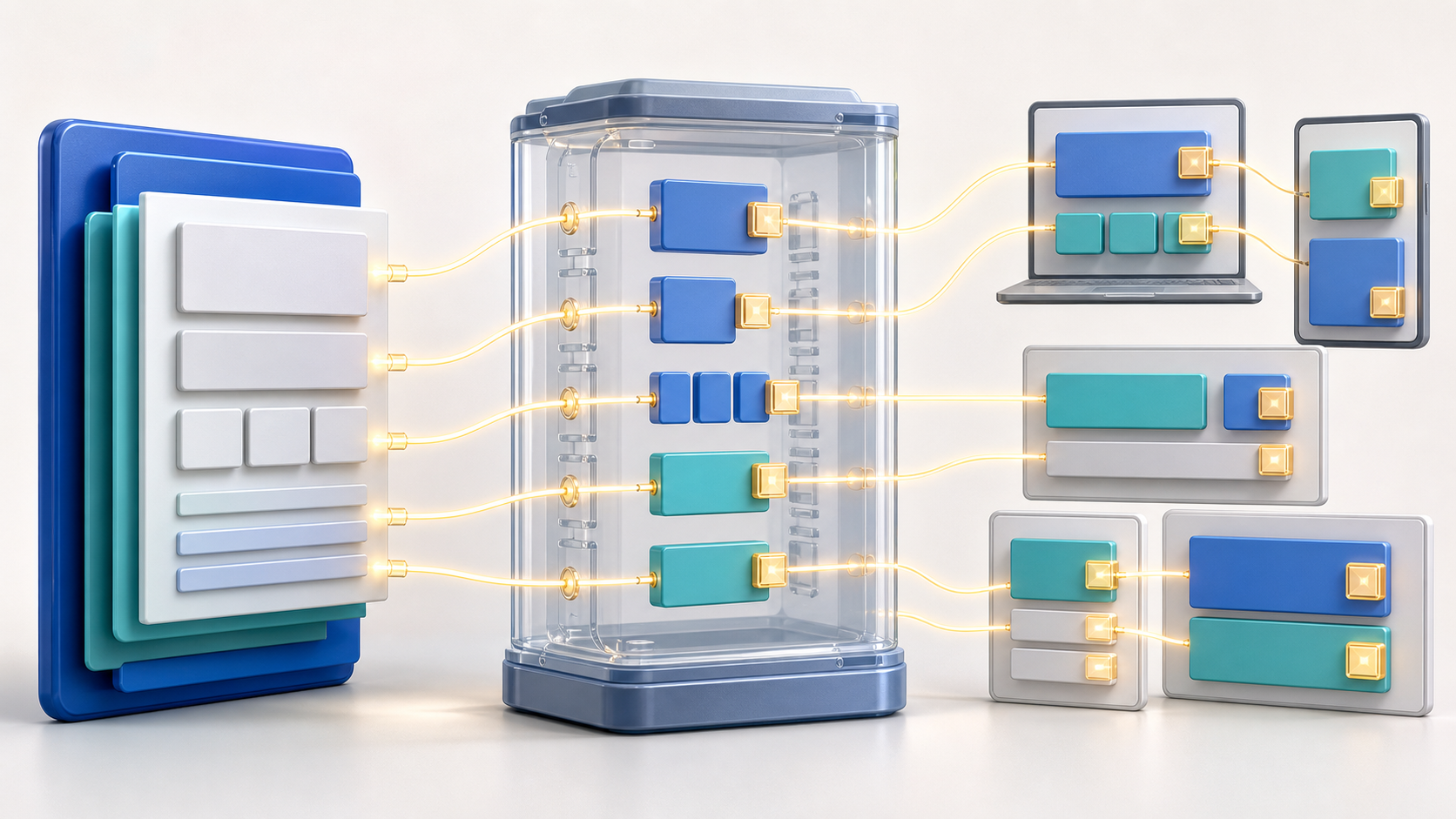 A layered source document passes through a transparent chamber and becomes modular tiles that remain linked to evidence before fitting into several blank answer containers.