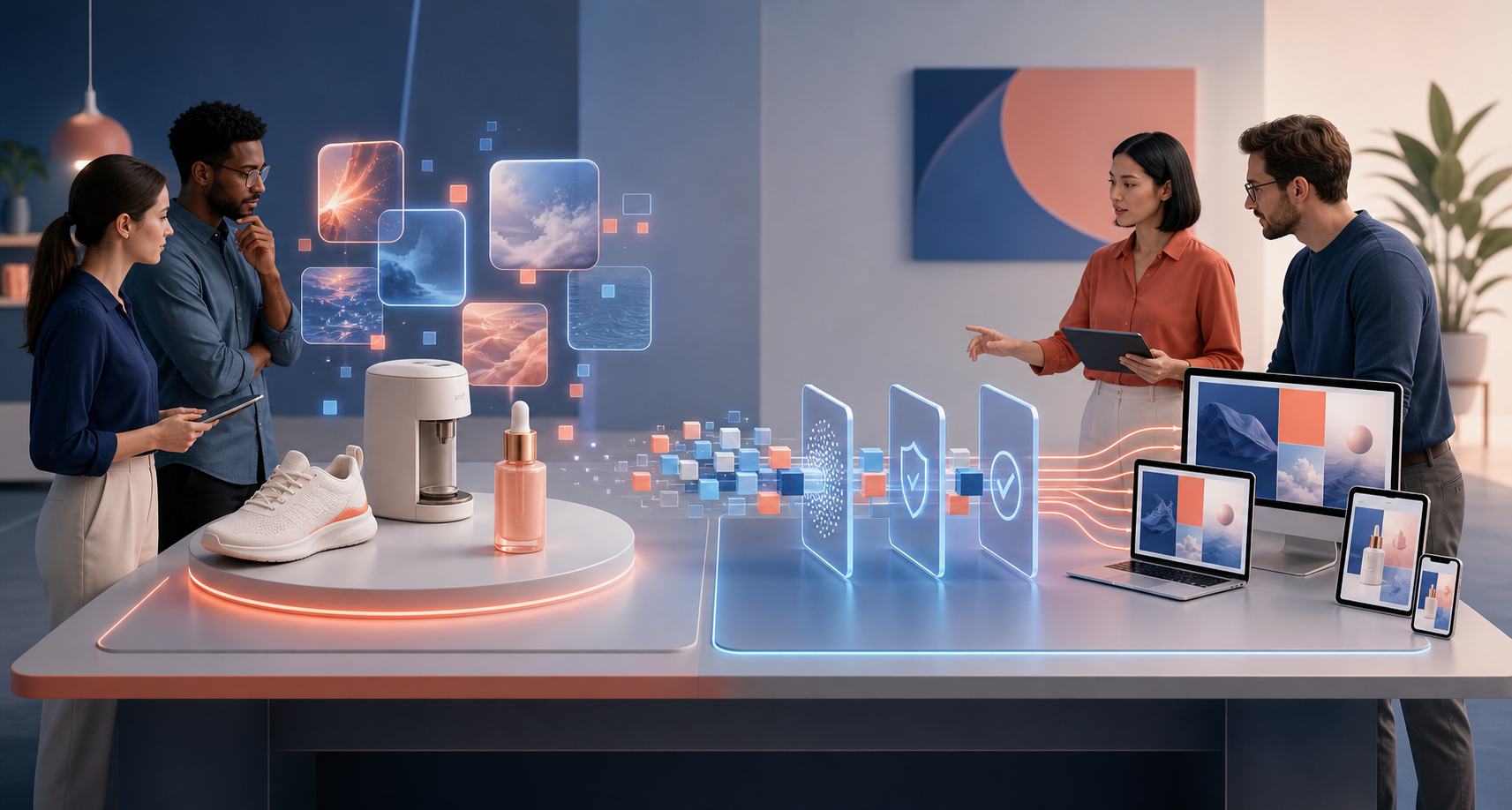 Marketing specialists review an automated product advertising system and a separate structured data workflow on adjacent digital workstations.