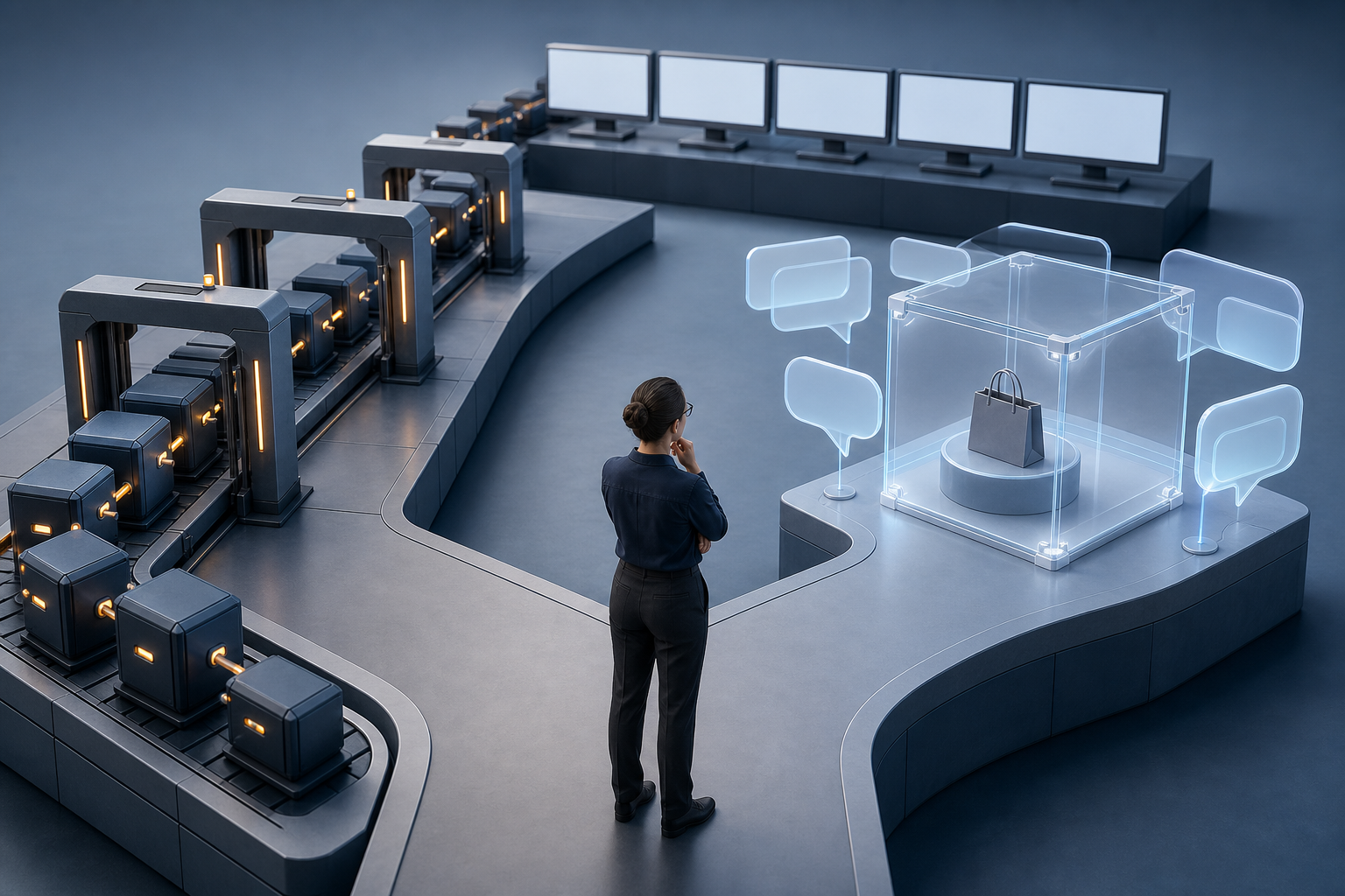 A specialist examines a solid automated data pipeline beside a separate translucent experiment involving an unbranded product.