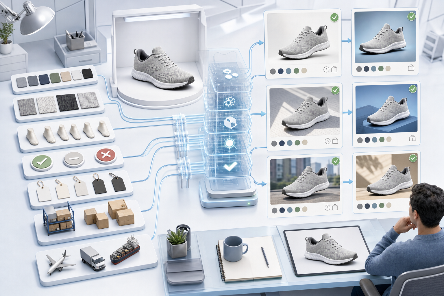 An unbranded shoe is surrounded by organized product attributes that flow through an automated system into consistent shopping ad layouts.