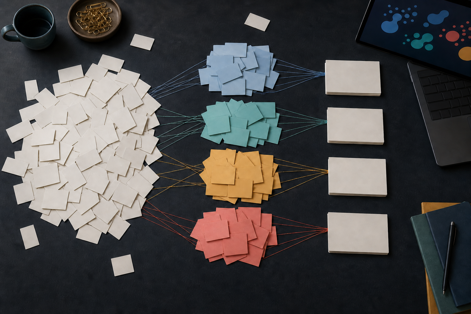 Overhead workspace with loose blank query cards sorted into colored groups and then organized as individual page briefs.
