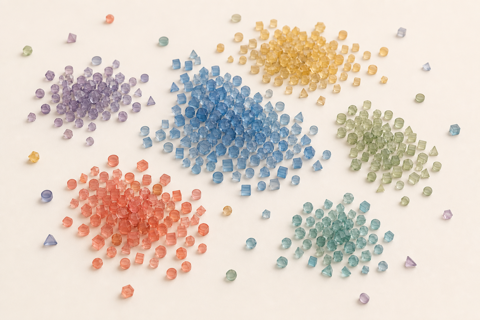 Abstract geometric tokens forming several uneven colored clusters with a few isolated outliers.