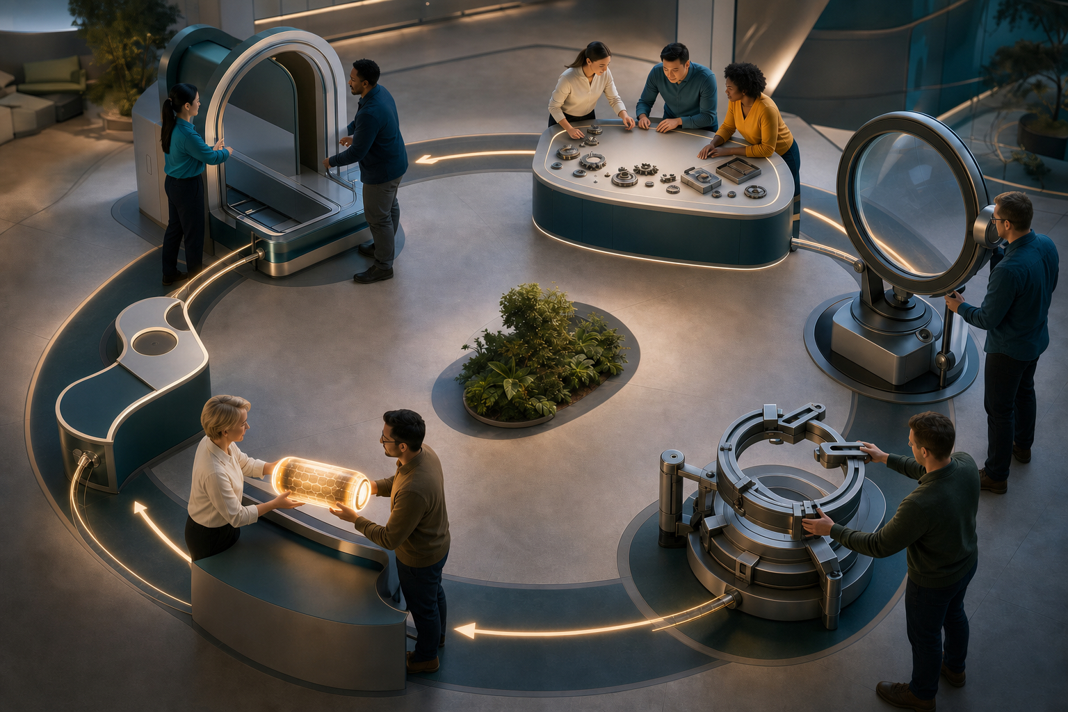 A cross-functional team moves a project through six unlabeled verification and handoff checkpoints in an operations room.