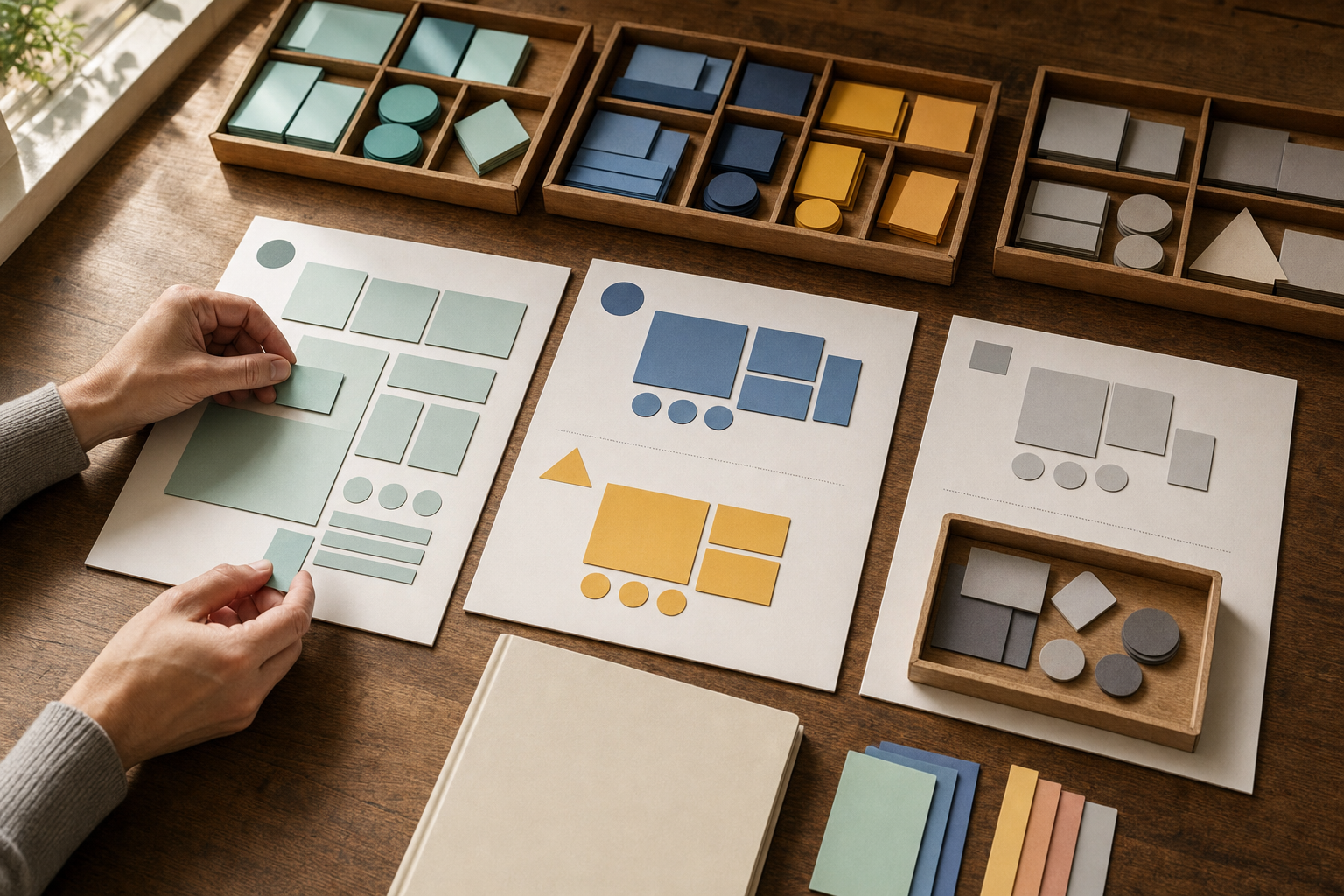 A strategist's hands organize colored blank keyword cards into separate page-planning boards and a review tray.